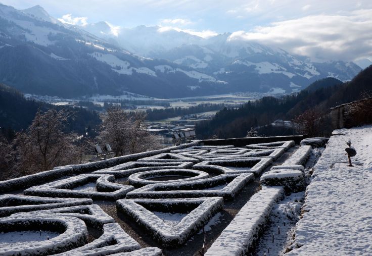 un jardin régulier et des montagnes à l'horizon