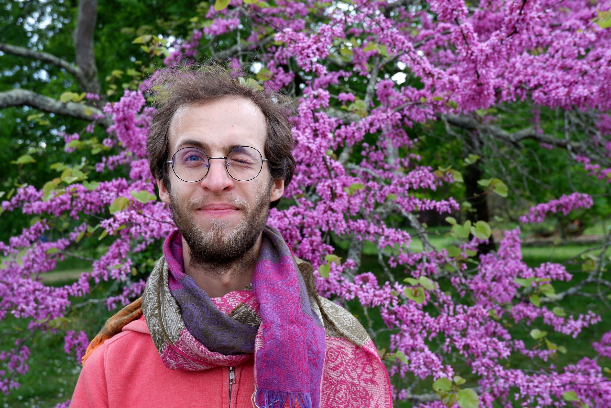 Ryan posant devant des fleurs violettes